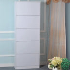 Armoire à chaussures haute en bois blanc avec façade rabattable pour couloir