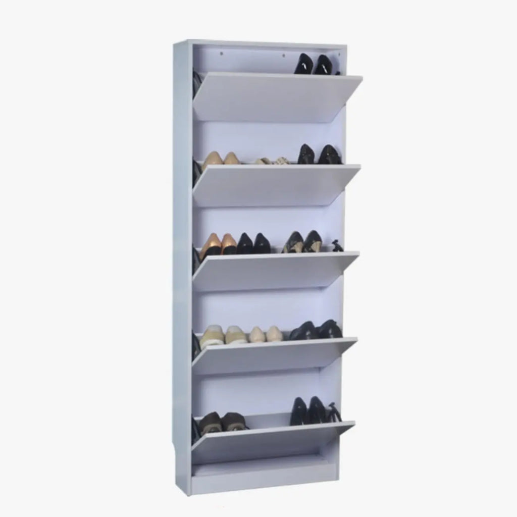 Armoire à chaussures haute en bois blanc avec façade rabattable pour couloir
