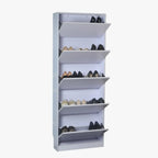 Armoire à chaussures haute en bois blanc avec façade rabattable pour couloir