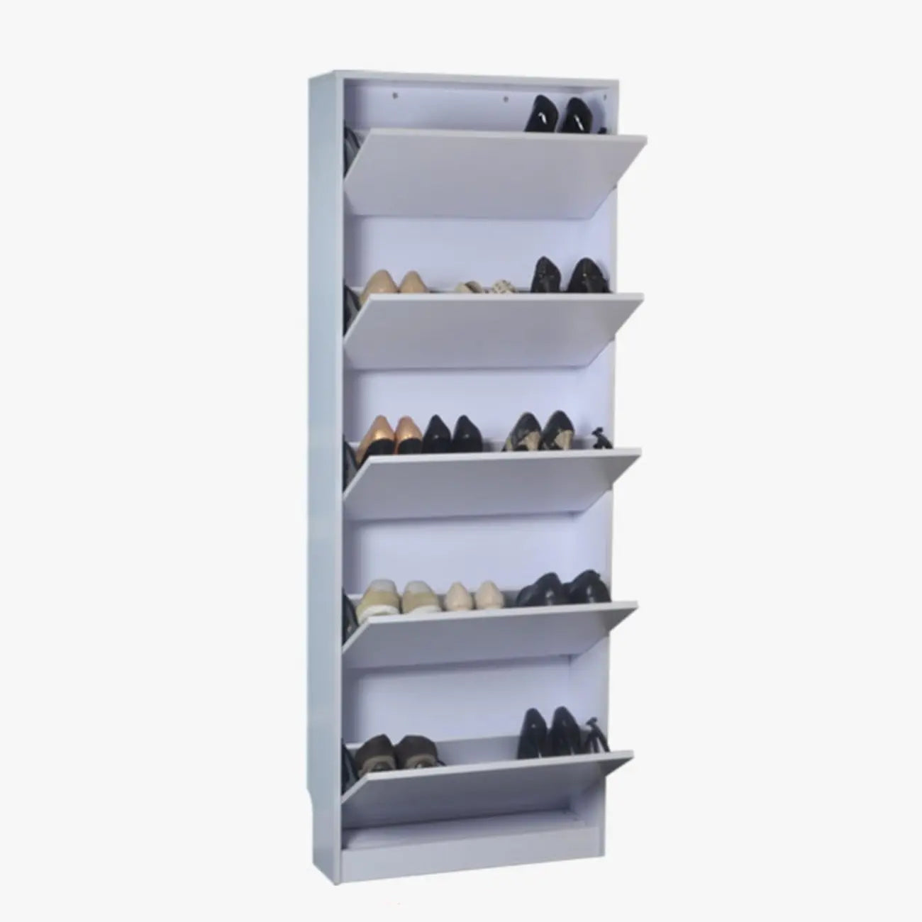 Armoire à chaussures haute en bois blanc avec façade rabattable pour couloir