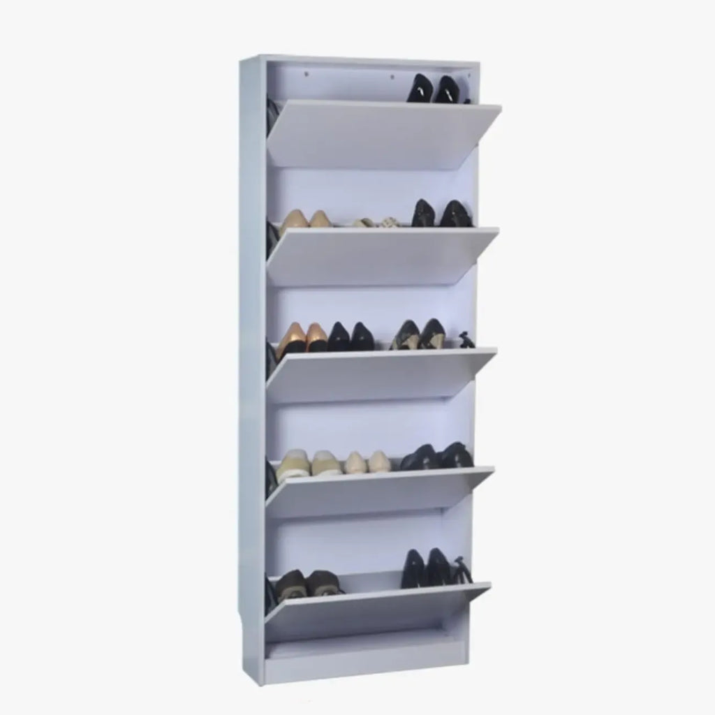 Armoire à chaussures haute en bois blanc avec façade rabattable pour couloir