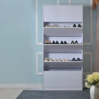 Armoire à chaussures haute en bois blanc avec façade rabattable pour couloir