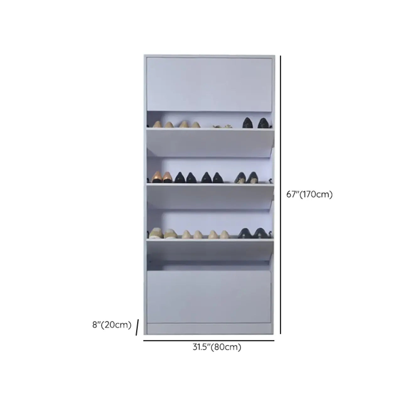 Armoire à chaussures haute en bois blanc avec façade rabattable pour couloir