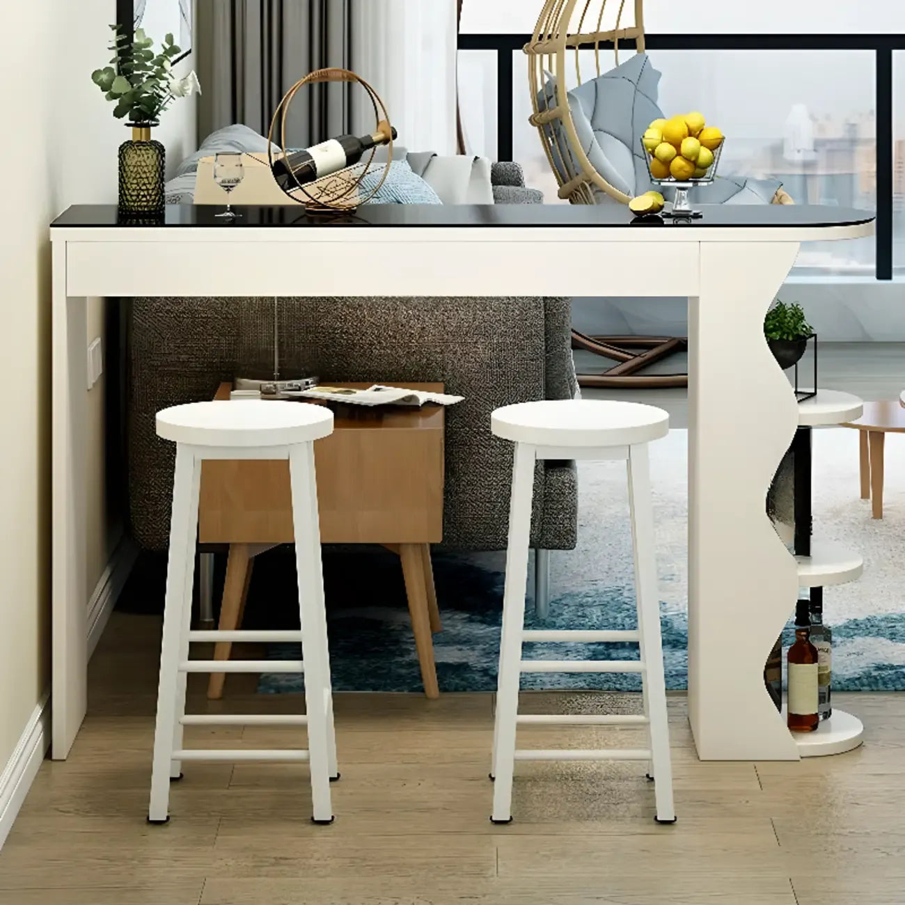 Tables de bar en bois avec rangement en verre trempé couleur charbon de forme irrégulière