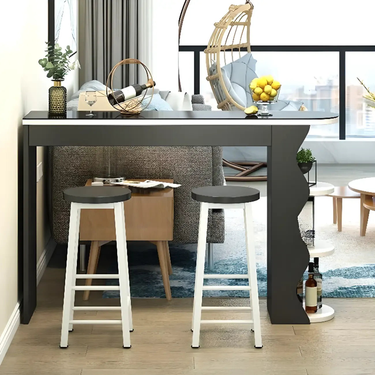 Tables de bar en bois avec rangement en verre trempé couleur charbon de forme irrégulière