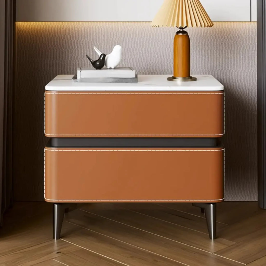 Table de chevet moderne à deux tiroirs avec plateau en pierre et revêtement en similicuir