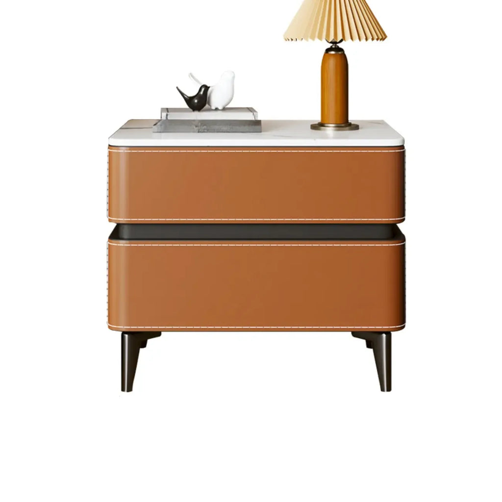 Table de chevet moderne à deux tiroirs avec plateau en pierre et revêtement en similicuir