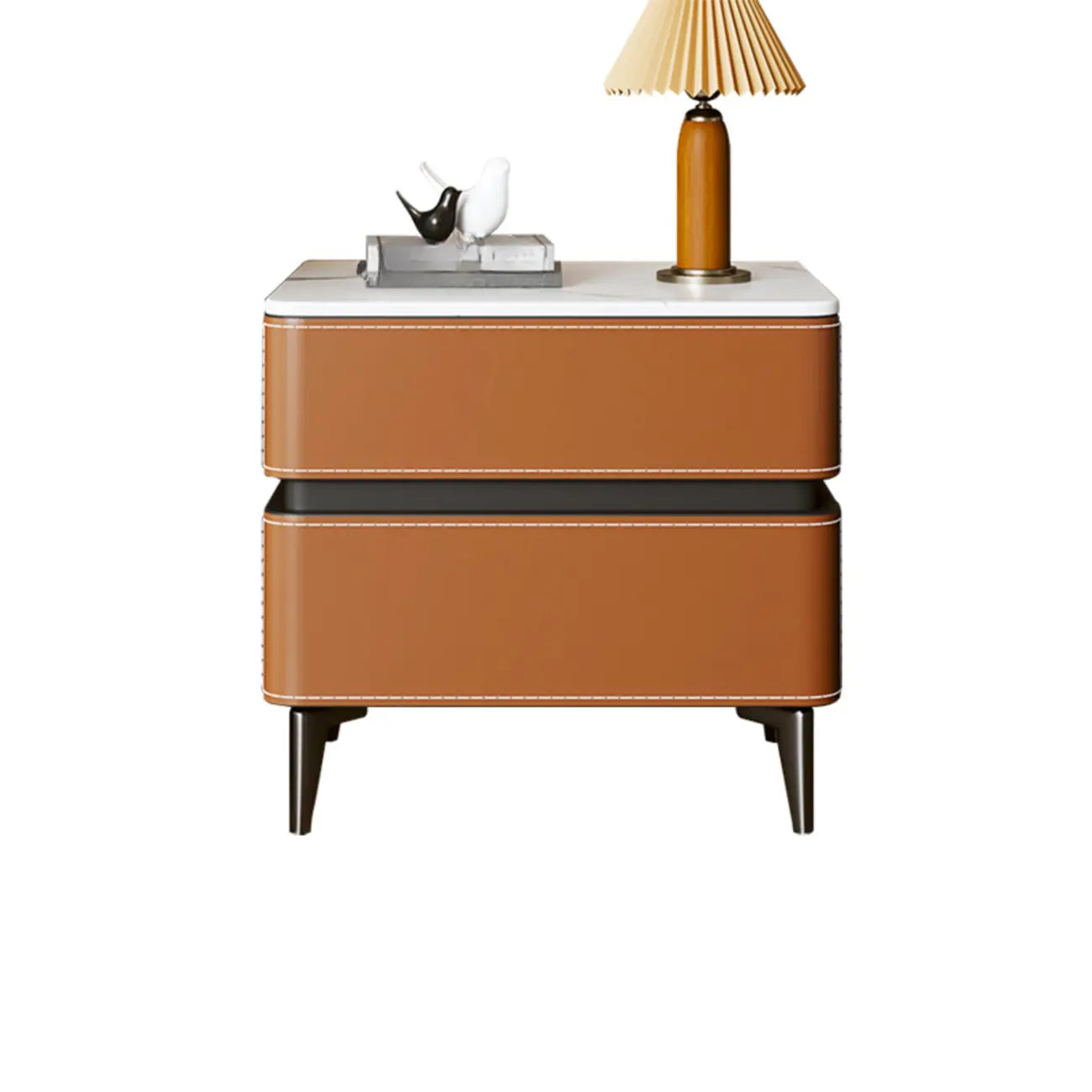 Table de chevet moderne à deux tiroirs avec plateau en pierre et revêtement en similicuir