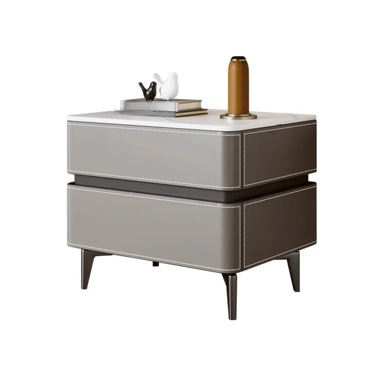 Table de chevet moderne à deux tiroirs avec plateau en pierre et revêtement en similicuir
