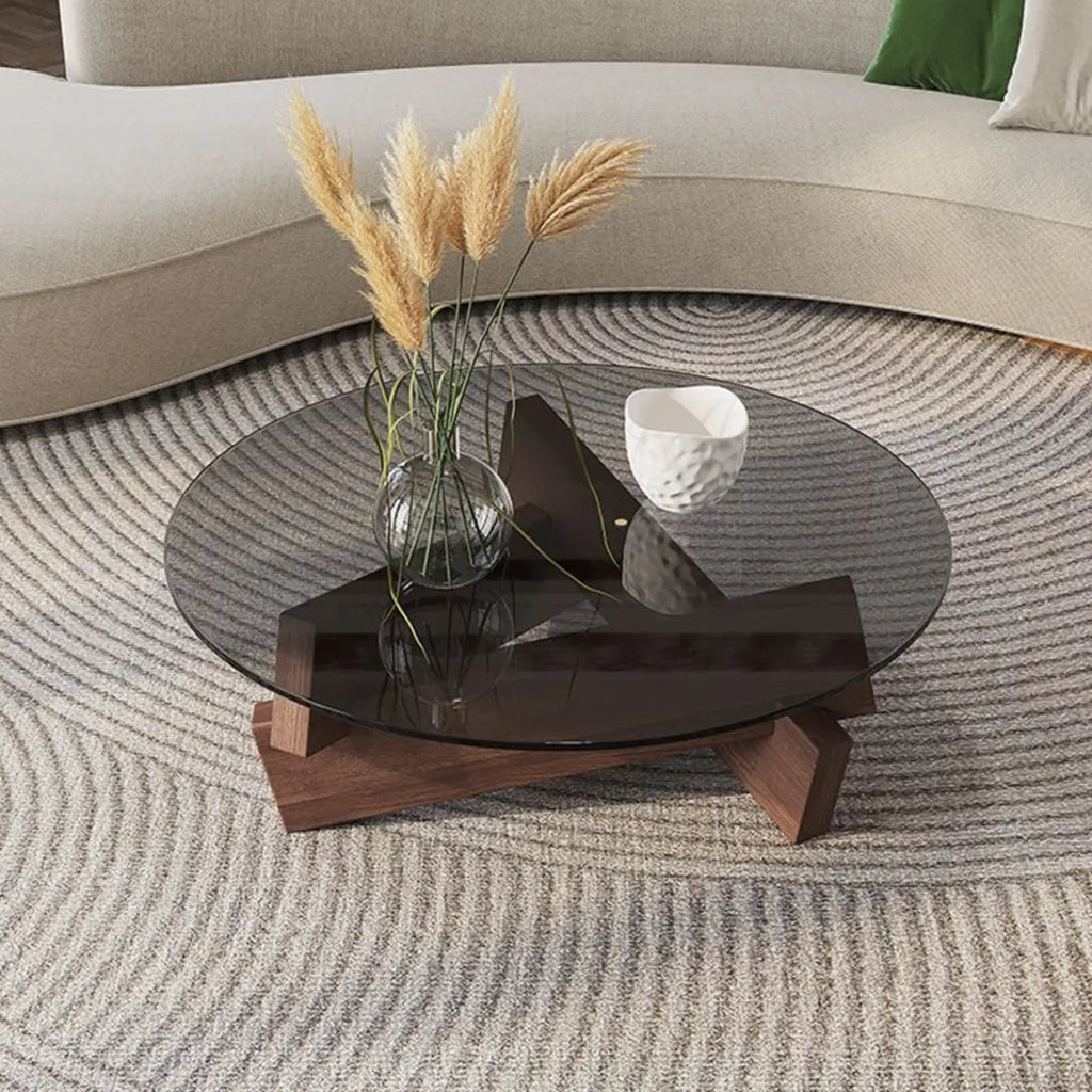 Table basse ronde minimaliste en bois d'hévéa et verre