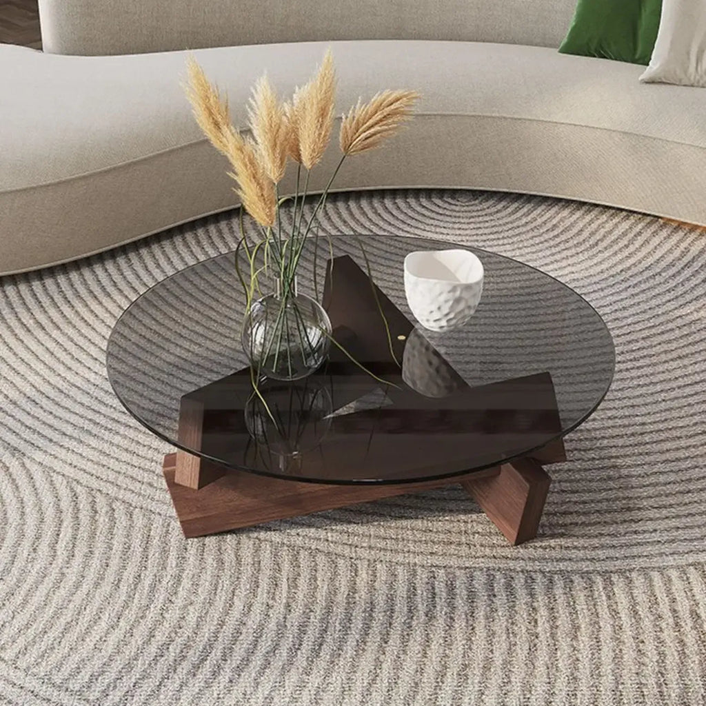 Table basse ronde minimaliste en bois d'hévéa et verre