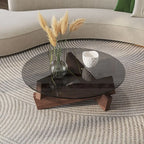 Table basse ronde minimaliste en bois d'hévéa et verre