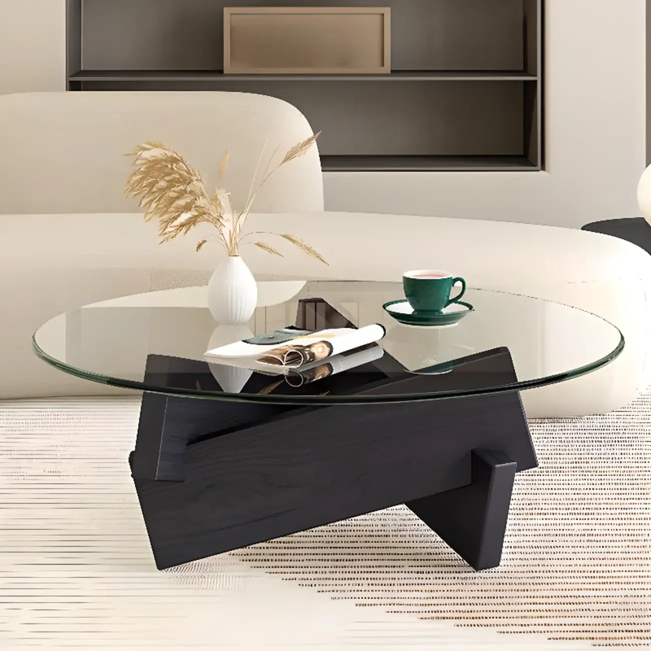 Table basse ronde minimaliste en bois d'hévéa et verre