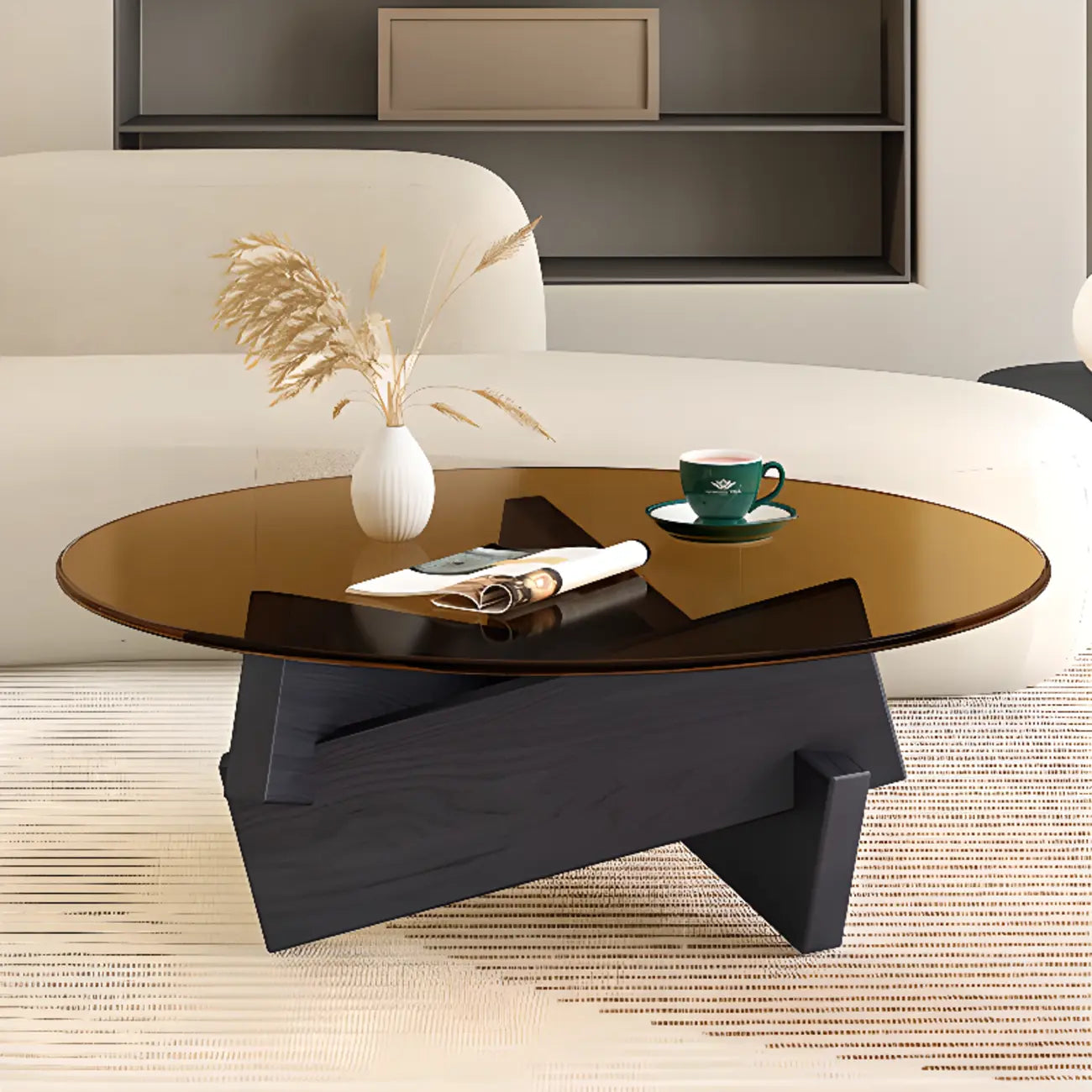 Table basse ronde minimaliste en bois d'hévéa et verre