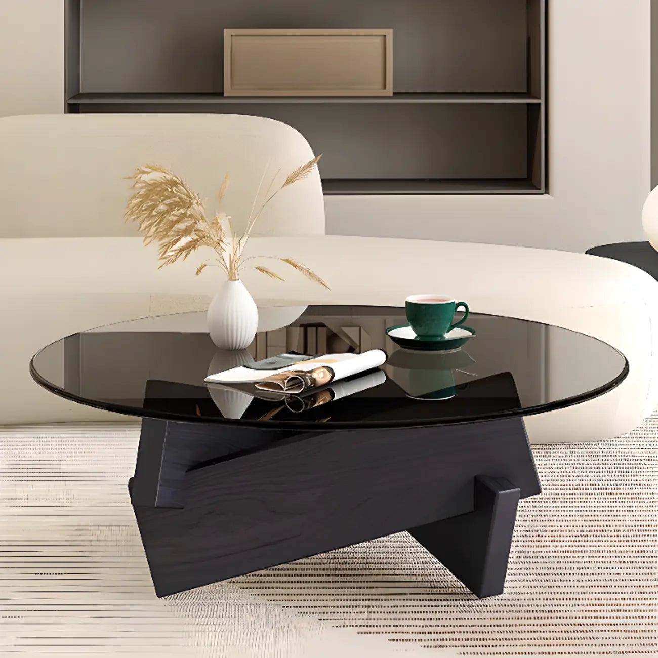 Table basse ronde minimaliste en bois d'hévéa et verre