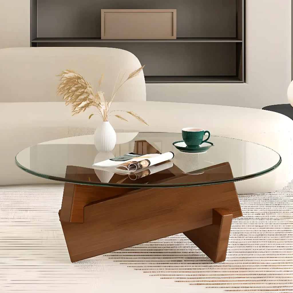 Table basse ronde minimaliste en bois d'hévéa et verre