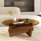 Table basse ronde minimaliste en bois d'hévéa et verre