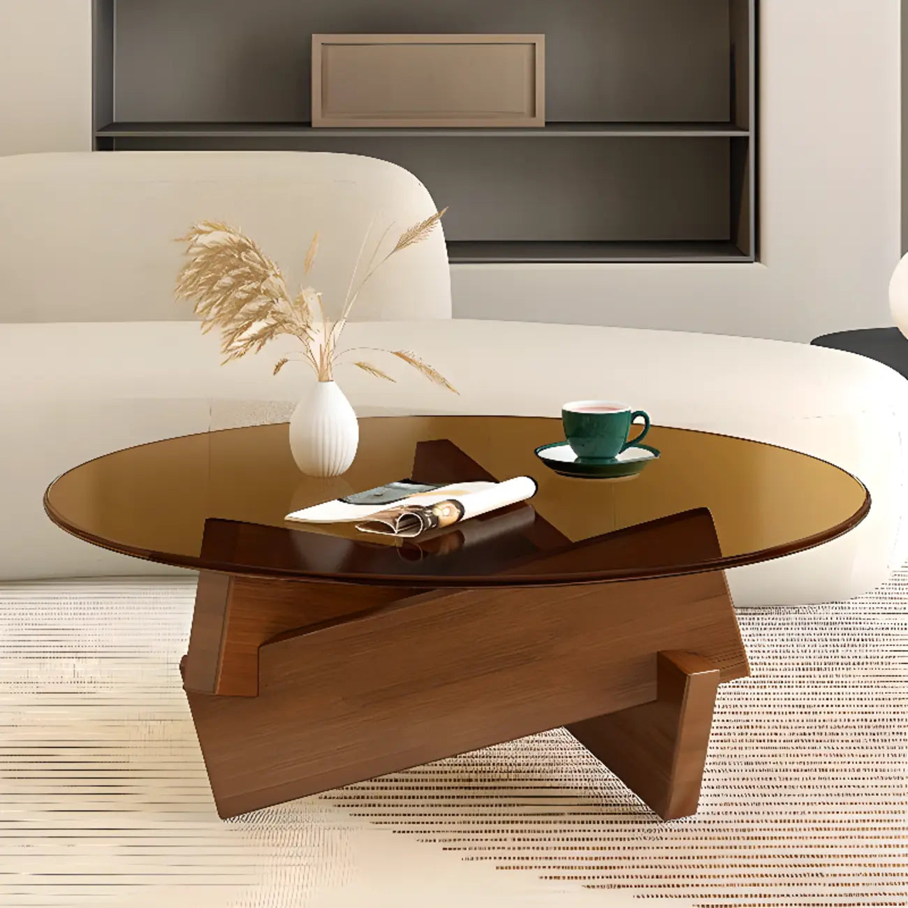 Table basse ronde minimaliste en bois d'hévéa et verre
