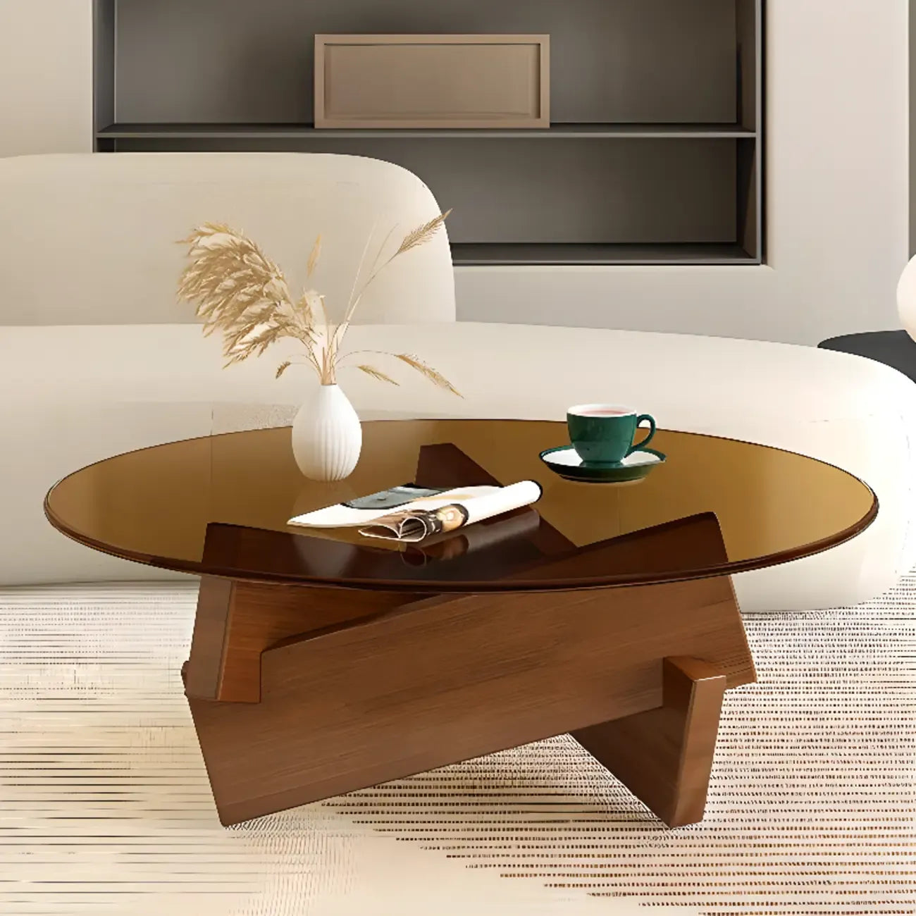Table basse ronde minimaliste en bois d'hévéa et verre