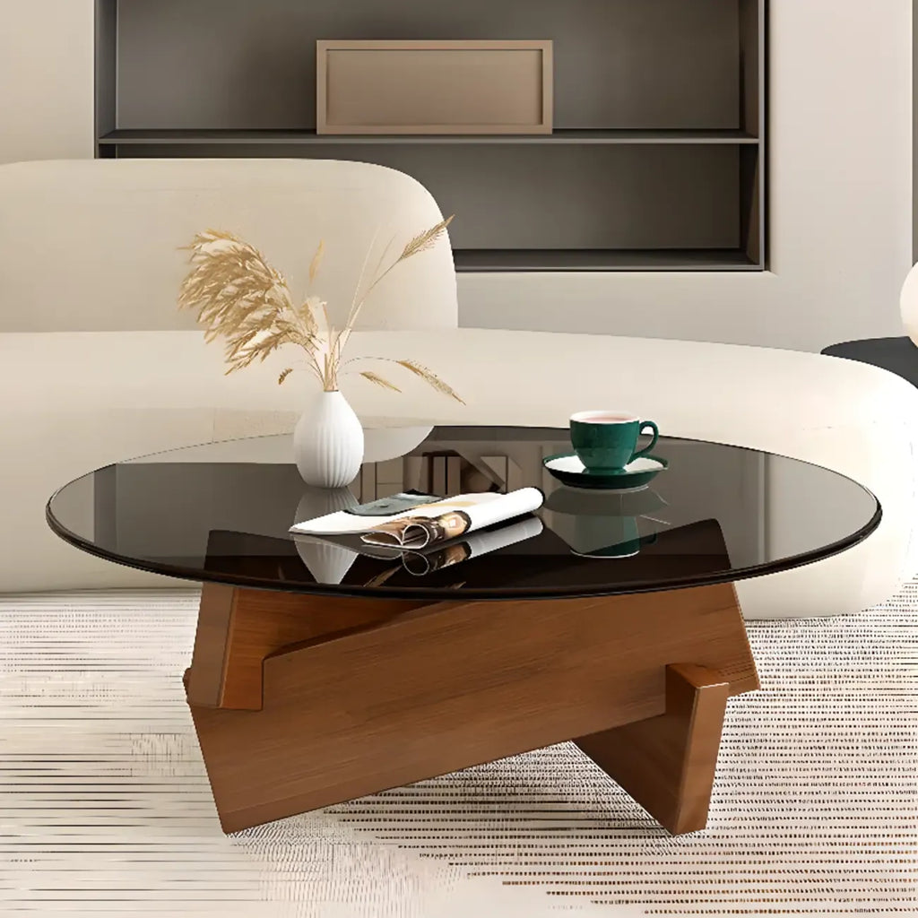 Table basse ronde minimaliste en bois d'hévéa et verre