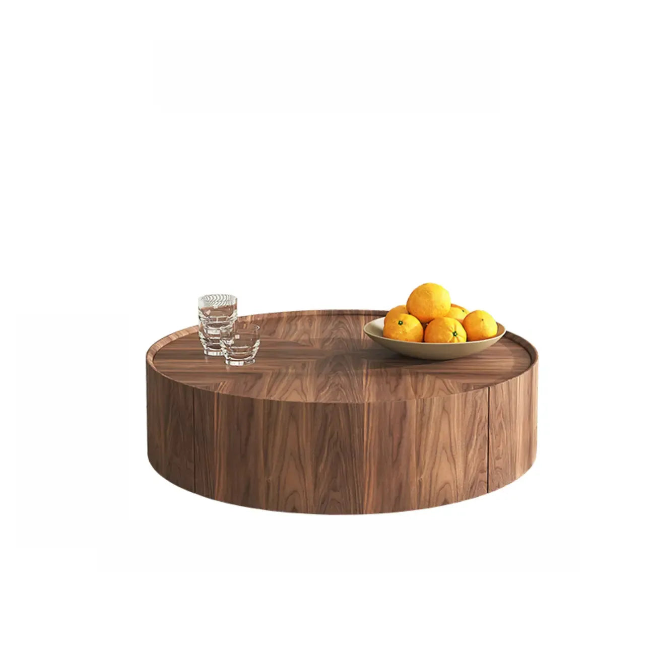 Table basse ronde en bois brun avec plateau et 2 tiroirs