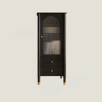 Armoire moderne en bois noir et or avec étagères réglables et porte vitrée