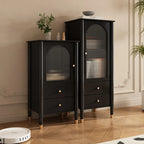 Armoire moderne en bois noir et or avec étagères réglables et porte vitrée