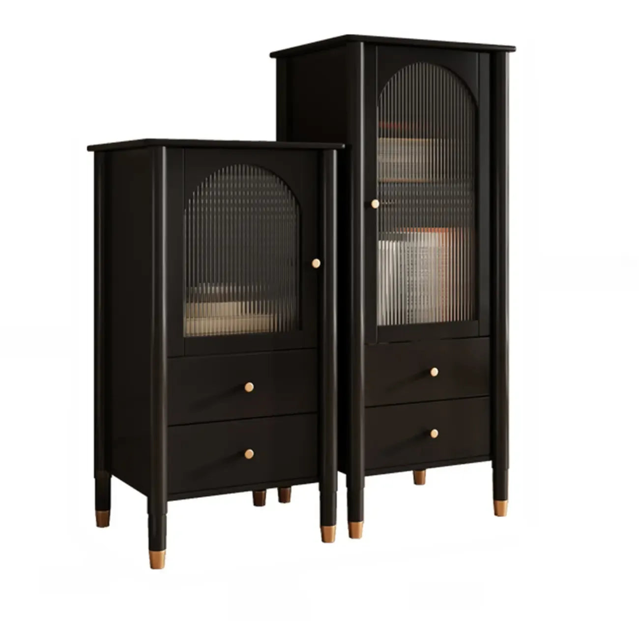 Armoire moderne en bois noir et or avec étagères réglables et porte vitrée