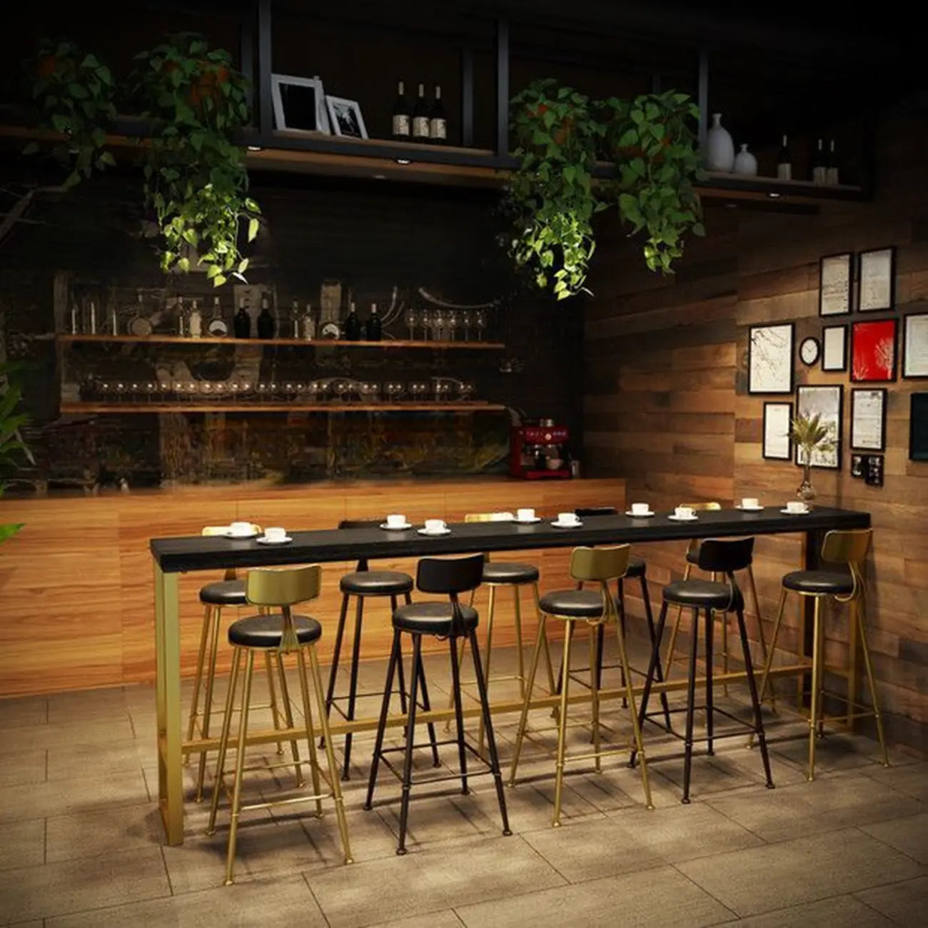 Tables de bar luxueuses en bois noir minuit avec repose-pieds en métal doré