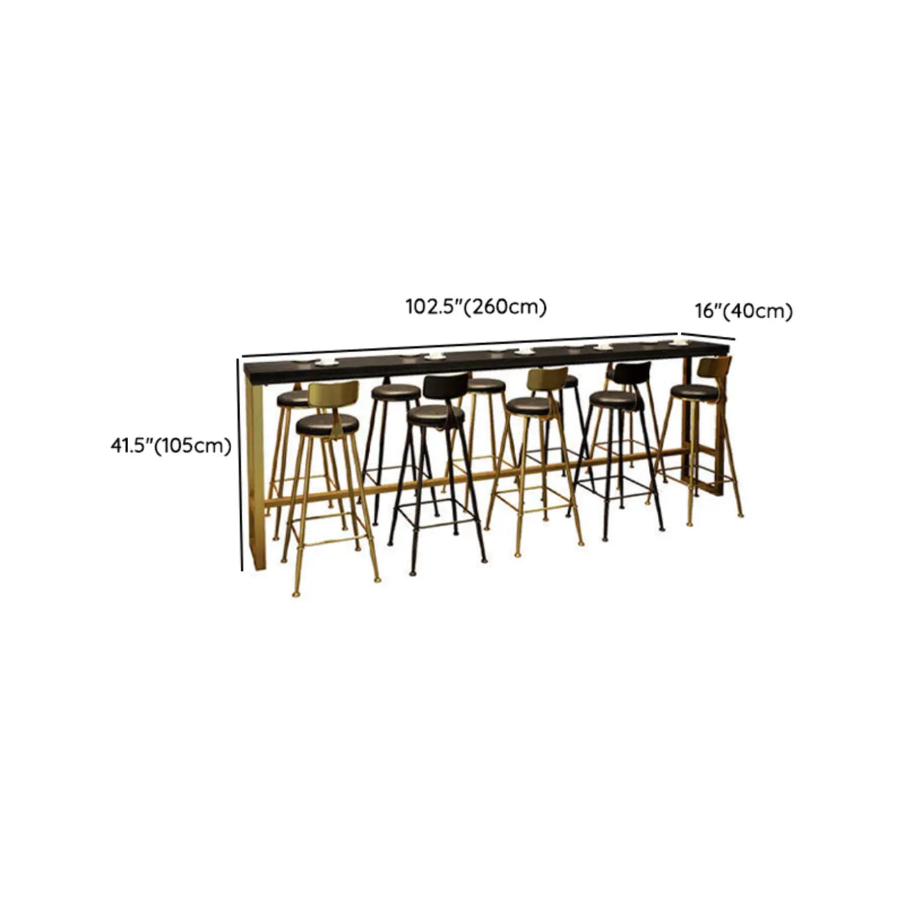 Tables de bar luxueuses en bois noir minuit avec repose-pieds en métal doré