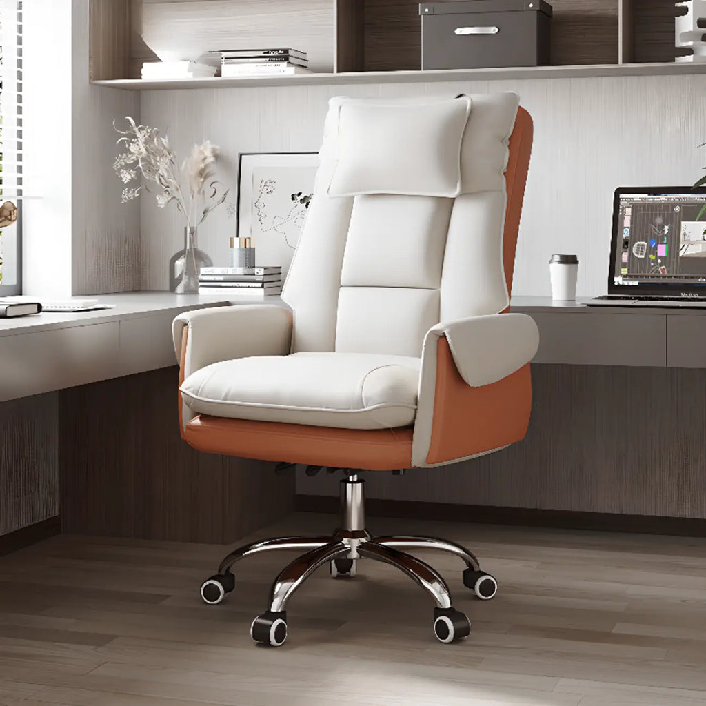 Fauteuil de bureau ergonomique inclinable en fausse fourrure blanche et orange