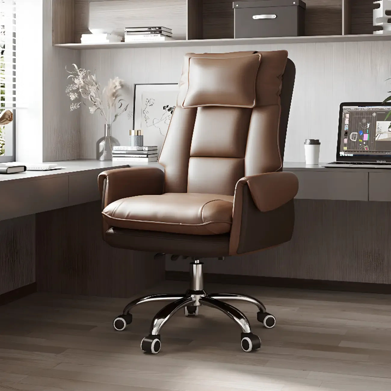 Fauteuil de bureau ergonomique inclinable en fausse fourrure blanche et orange
