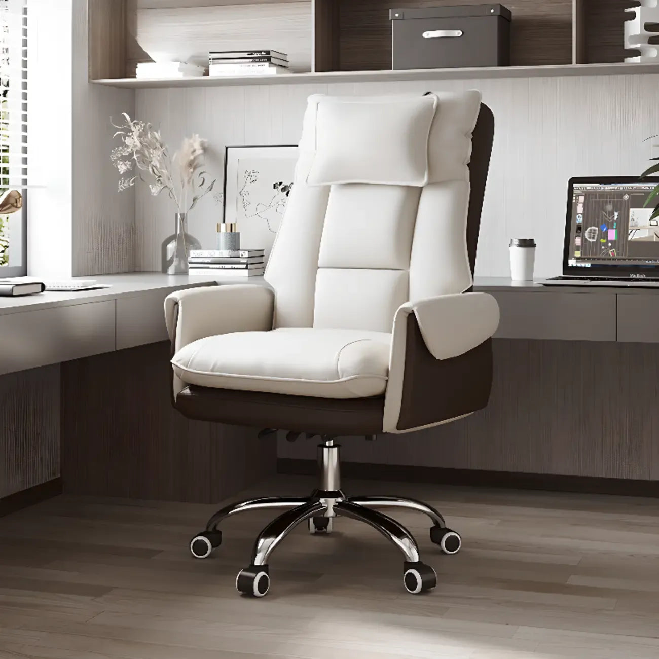 Fauteuil de bureau ergonomique inclinable en fausse fourrure blanche et orange