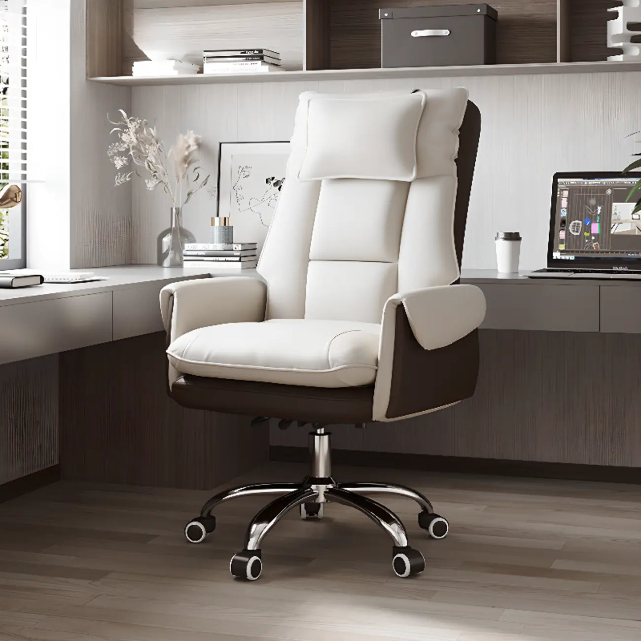 Fauteuil de bureau ergonomique inclinable en fausse fourrure blanche et orange