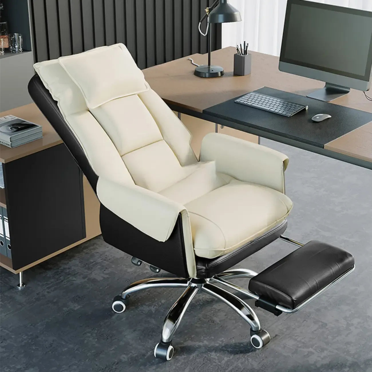 Fauteuil de bureau ergonomique inclinable en fausse fourrure blanche et orange