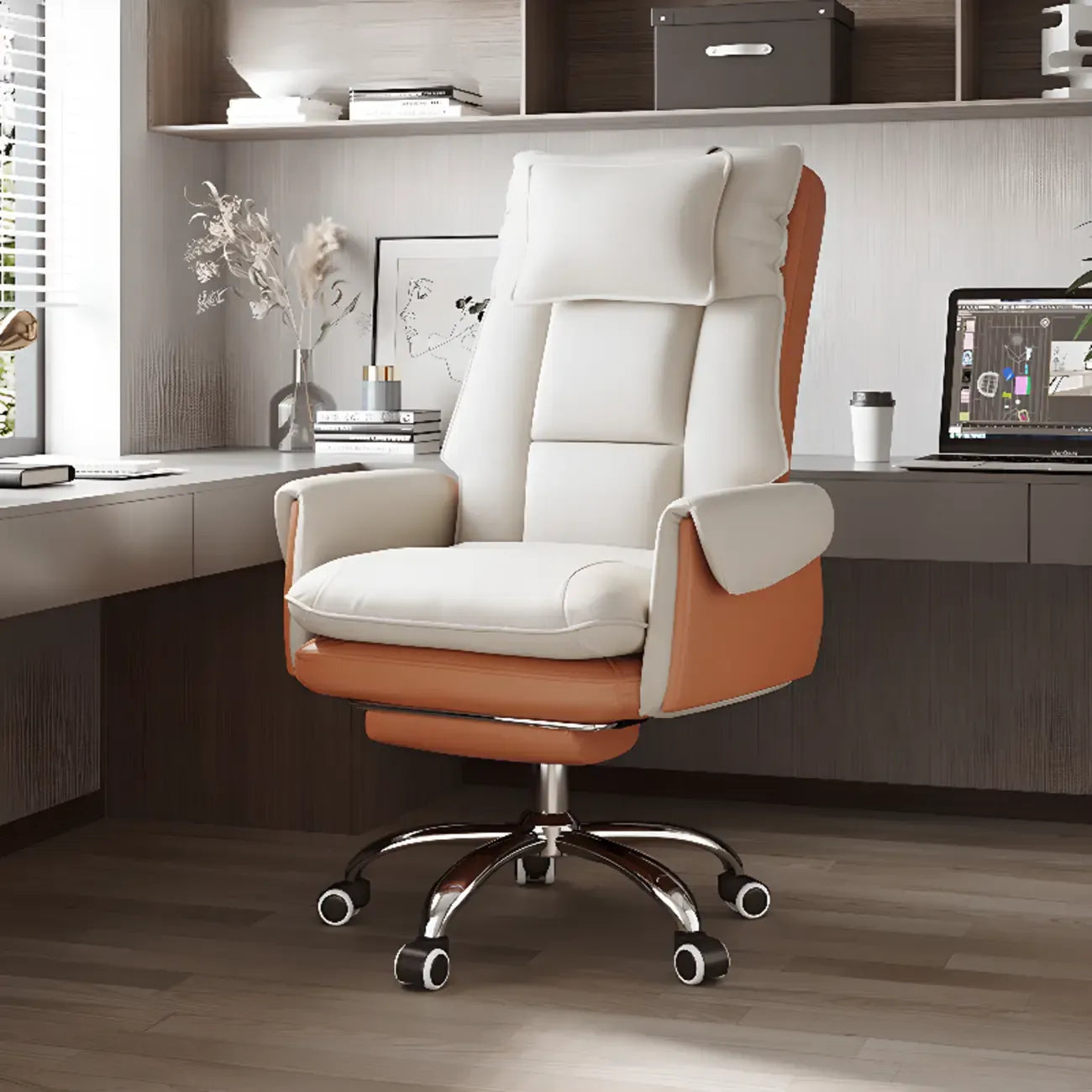 Fauteuil de bureau ergonomique inclinable en fausse fourrure blanche et orange