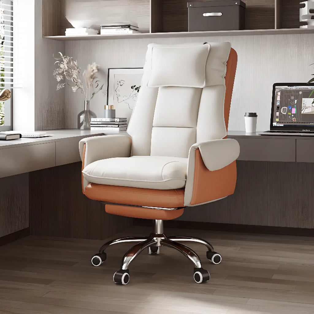 Fauteuil de bureau ergonomique inclinable en fausse fourrure blanche et orange
