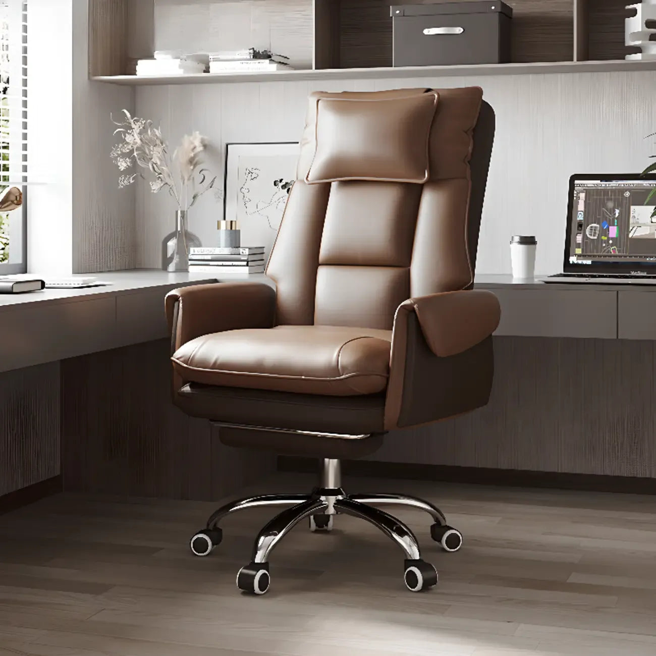 Fauteuil de bureau ergonomique inclinable en fausse fourrure blanche et orange