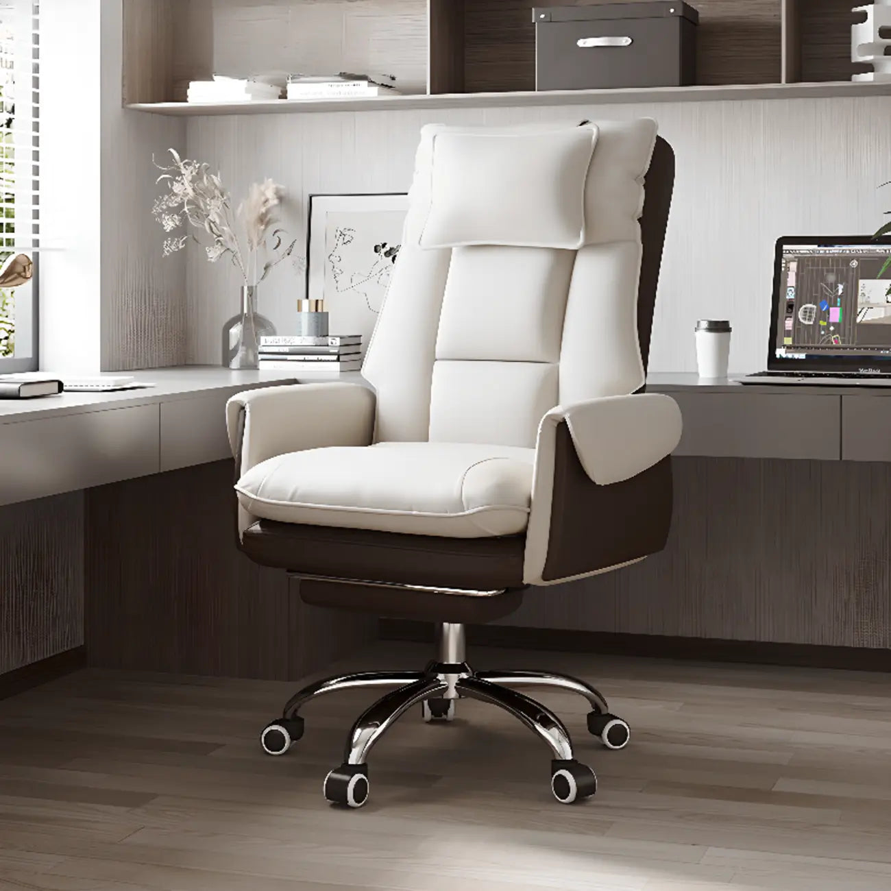 Fauteuil de bureau ergonomique inclinable en fausse fourrure blanche et orange