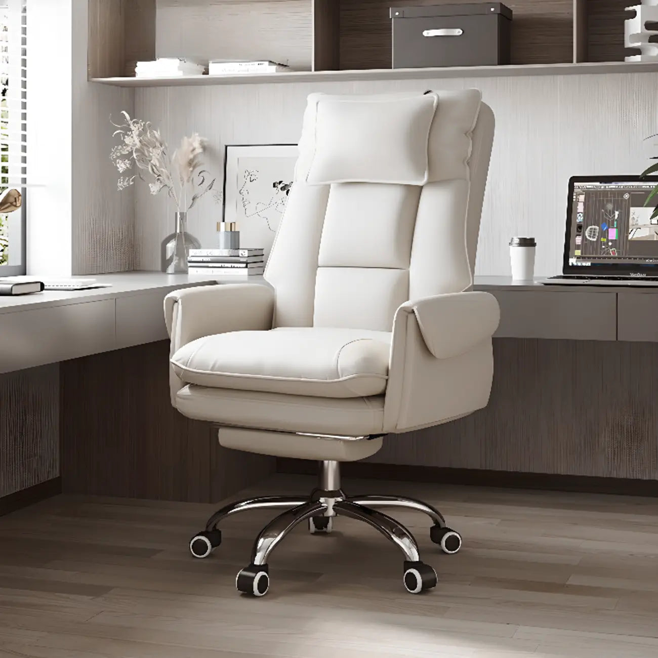 Fauteuil de bureau ergonomique inclinable en fausse fourrure blanche et orange