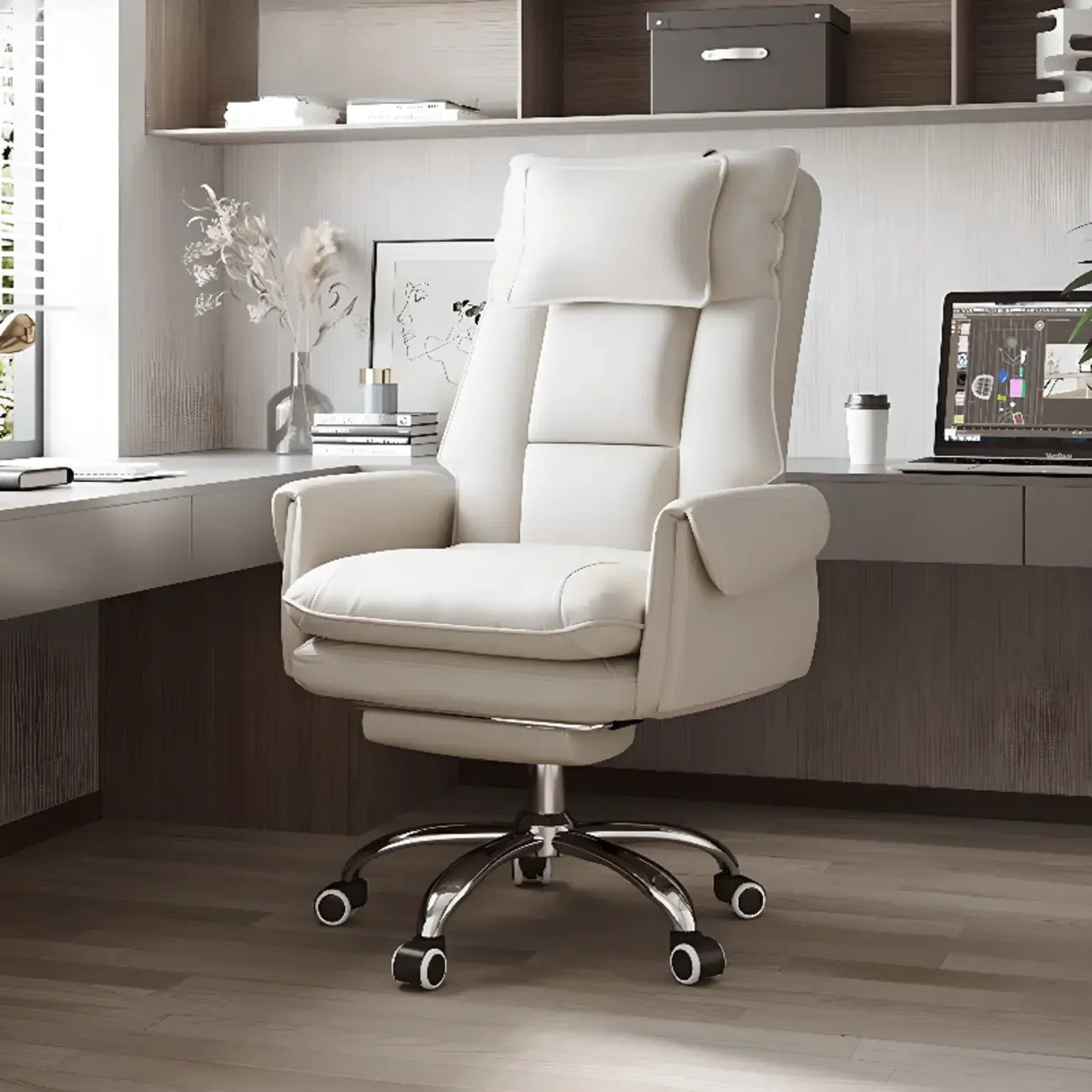 Fauteuil de bureau ergonomique inclinable en fausse fourrure blanche et orange