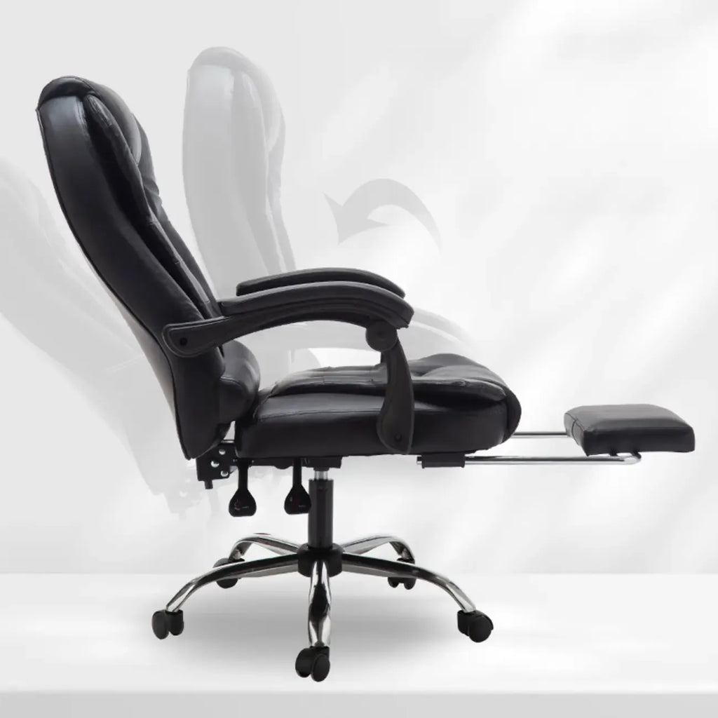Fauteuil de bureau ergonomique pivotant et inclinable en cuir noir, style exécutif