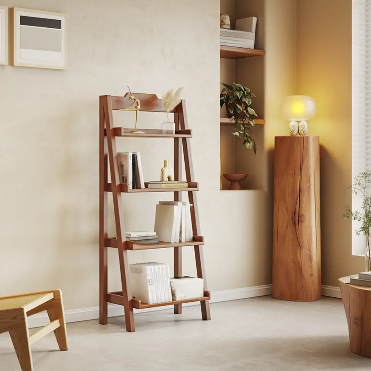Libreria a scaletta stretta a 4 ripiani in legno di noce per camera da letto