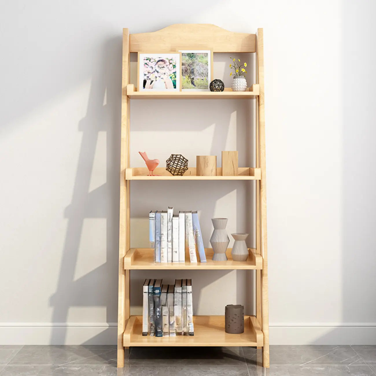 Libreria a scaletta stretta a 4 ripiani in legno di noce per camera da letto