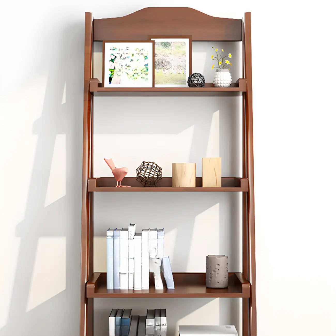 Libreria a scaletta stretta a 4 ripiani in legno di noce per camera da letto