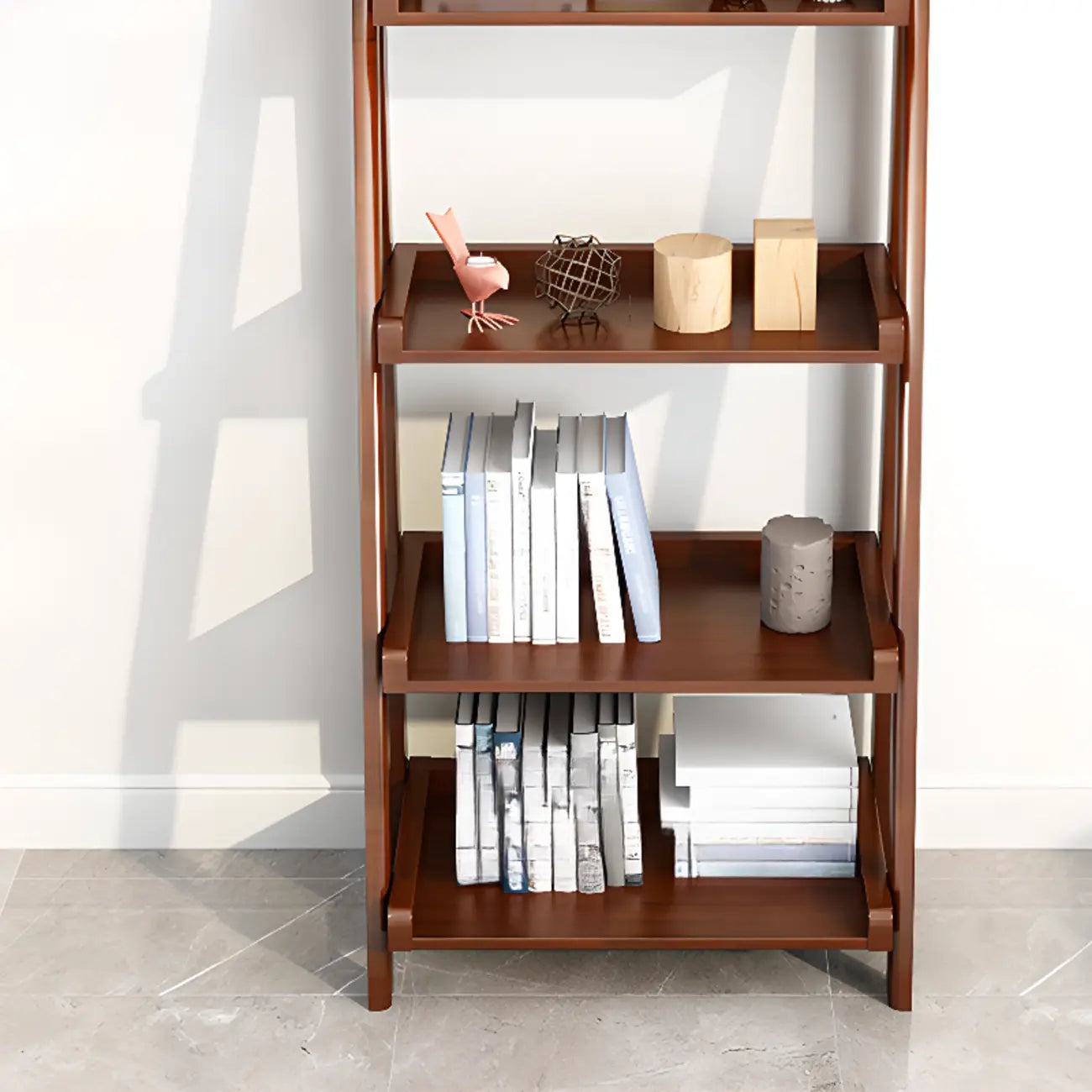 Libreria a scaletta stretta a 4 ripiani in legno di noce per camera da letto
