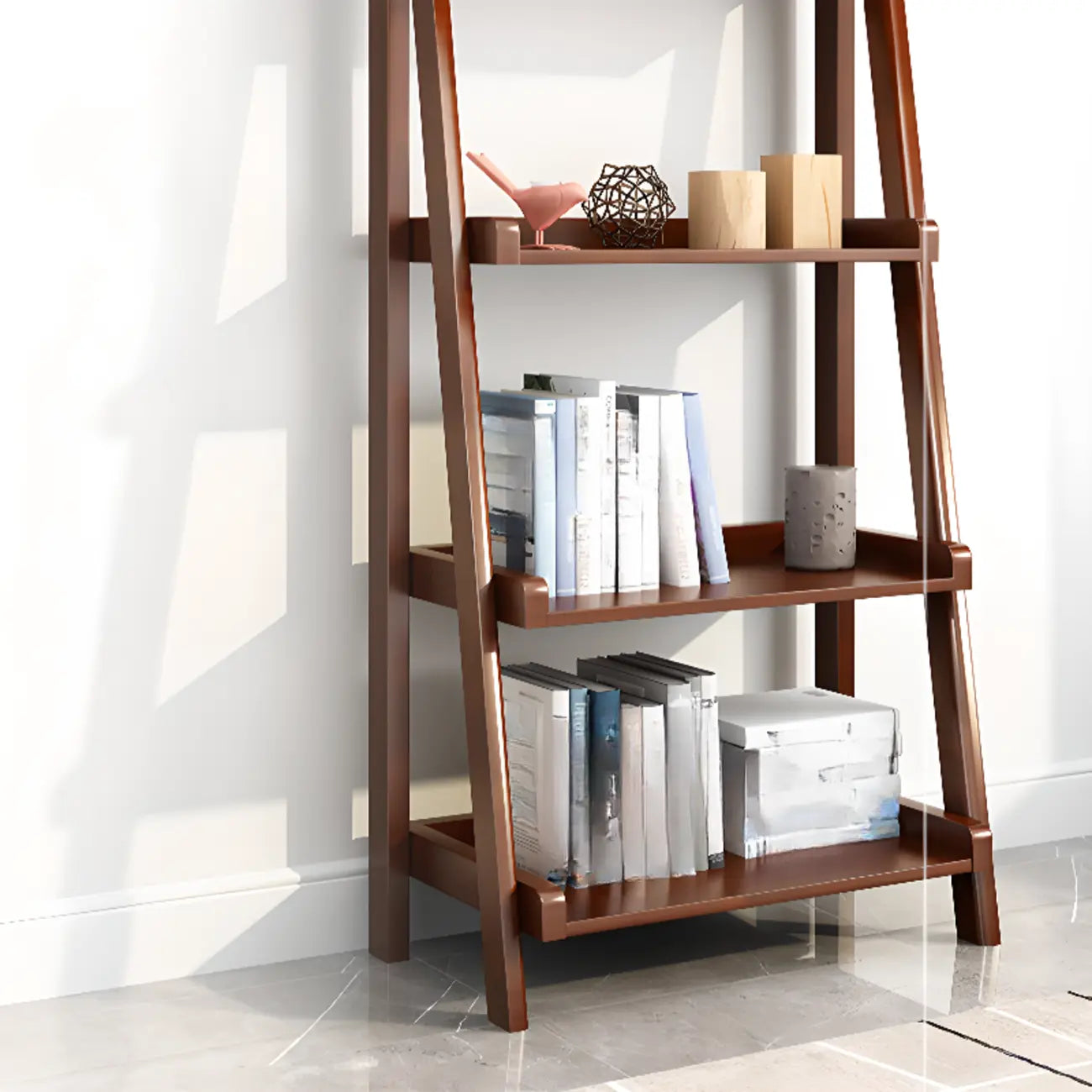 Libreria a scaletta stretta a 4 ripiani in legno di noce per camera da letto