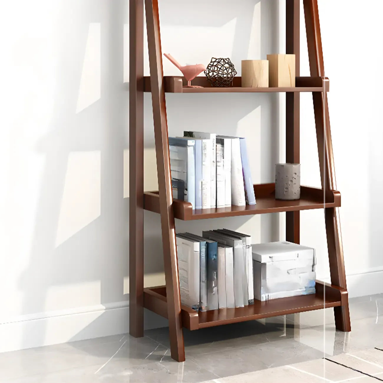 Libreria a scaletta stretta a 4 ripiani in legno di noce per camera da letto