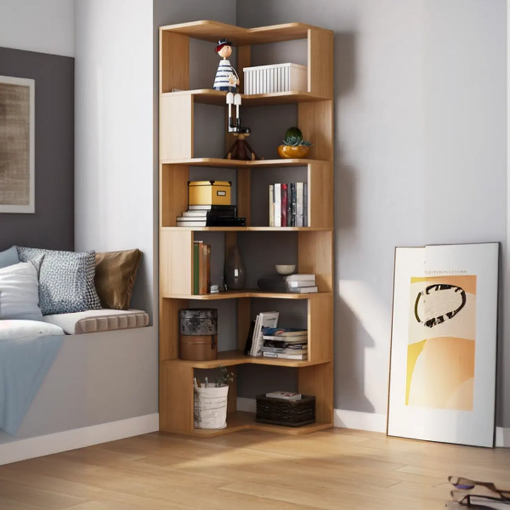 Bibliothèque d'angle profonde en bois avec dos ouvert pour le salon