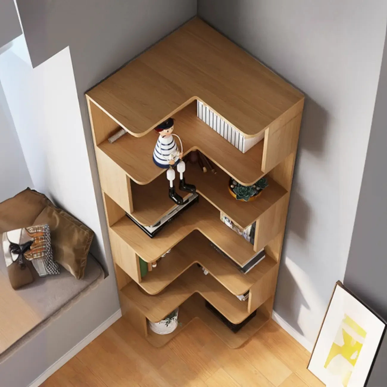 Bibliothèque d'angle profonde en bois avec dos ouvert pour le salon